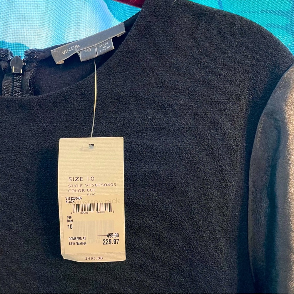 NWT Vince Sheath Dress with Leather Sleeves